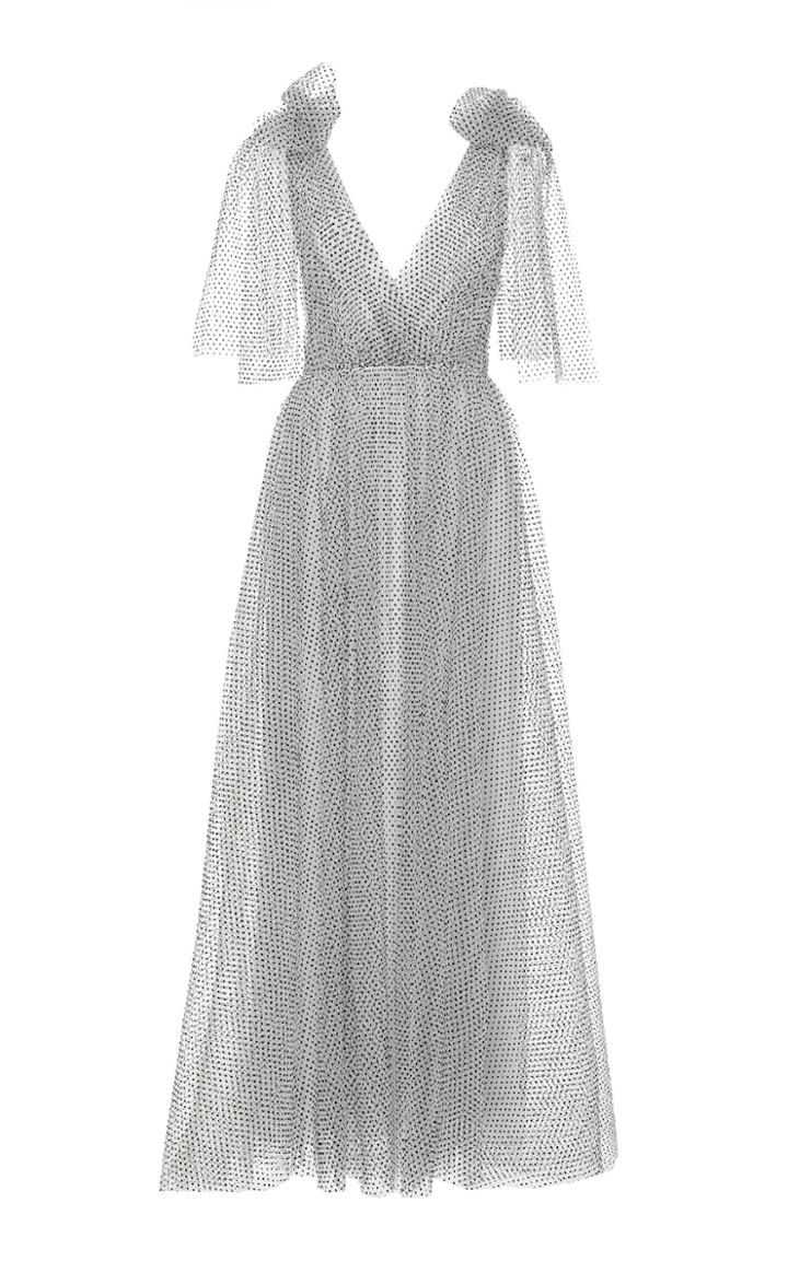 Monique Lhuillier Flocked Tulle Gown With Bow Detail