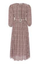 Alessandra Rich Houndstooth Belted Pleated Silk Midi Dress