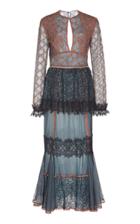 Costarellos Geometric Embroidered Dotted Tulle Godet Dress