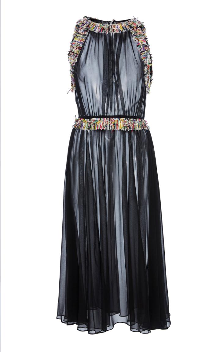 Christian Siriano Black Sheer Chiffon Dress With Tweed Trim