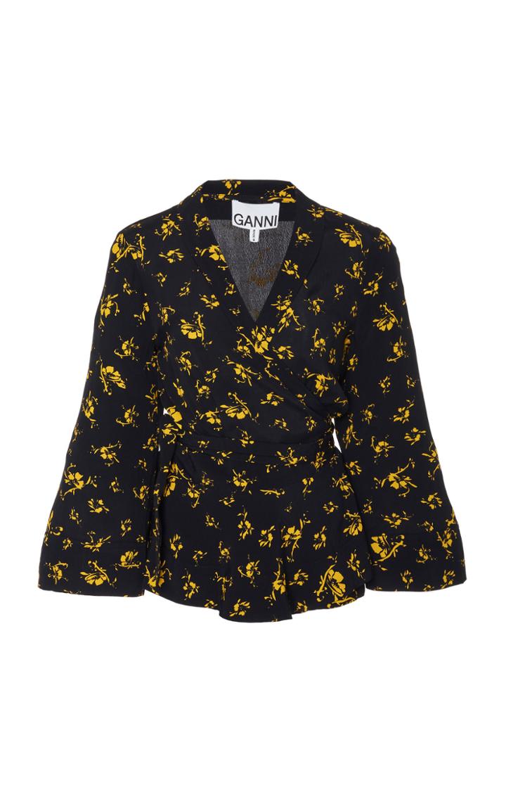 Ganni Belted Printed Crepe Blouse