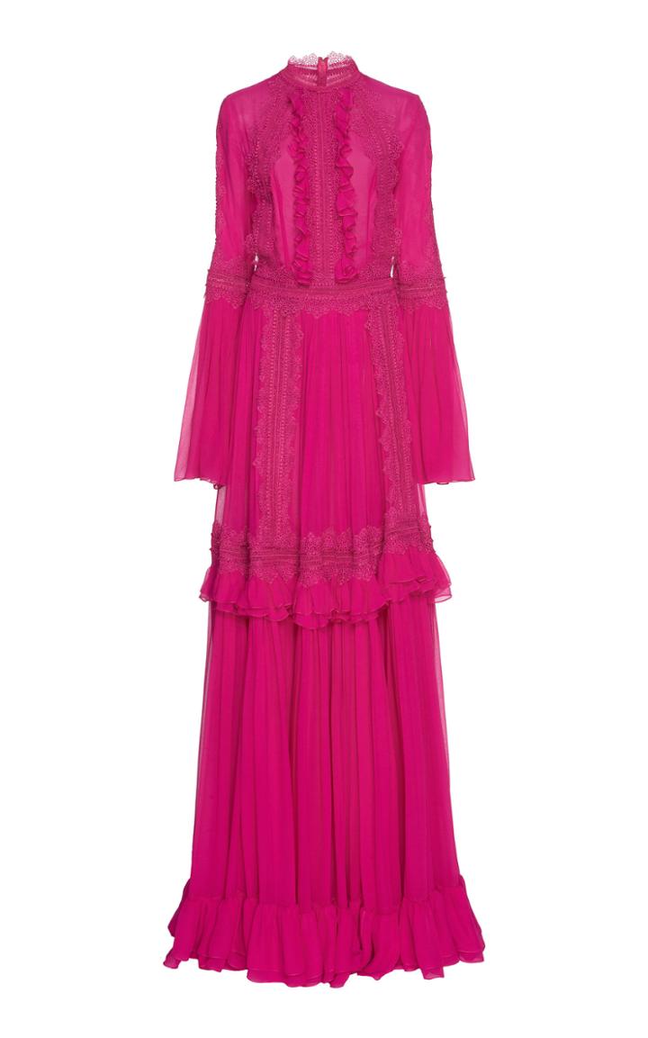 Costarellos Ruffled Chiffon Silk Maxi Dress