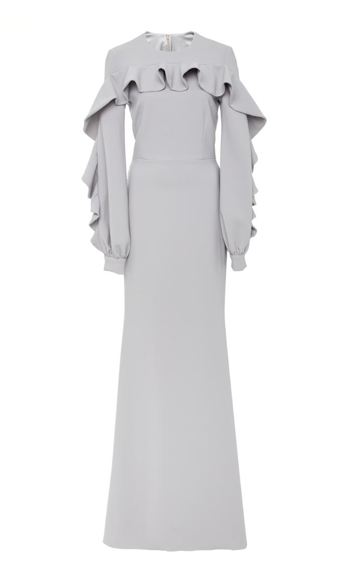 Christian Siriano Textured Crepe Long Sleeve Flounce Gown