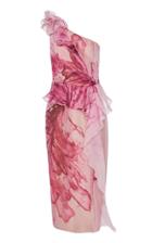 Marchesa Floral-print One-shoulder Silk Peplum Dress