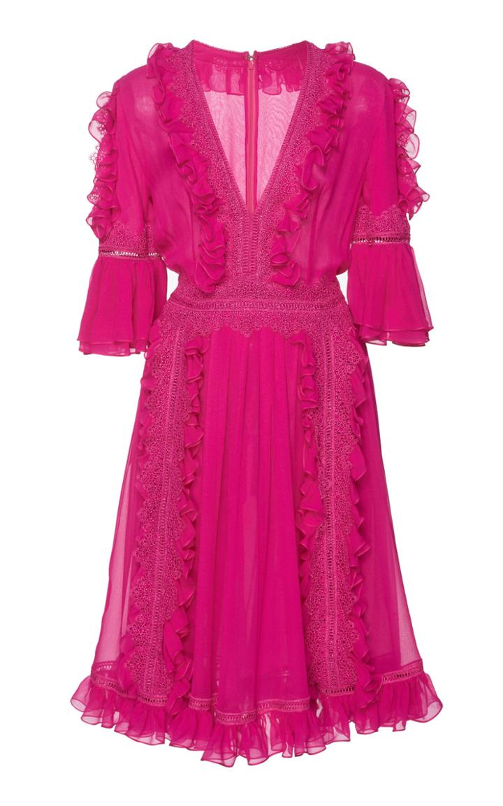 Costarellos Ruffled Chiffon Silk Dress