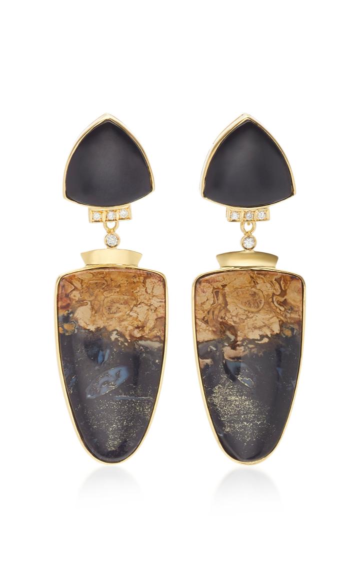 Ruth Grieco 18k Gold Onix, Wood And Diamond Drop Earrings