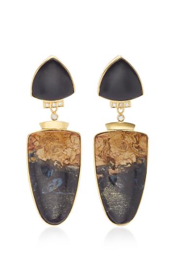Ruth Grieco 18k Gold Onix, Wood And Diamond Drop Earrings