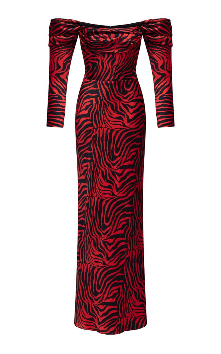 Moda Operandi Rasario Zebra-print Satin Off-the-shoulder Maxi Dress