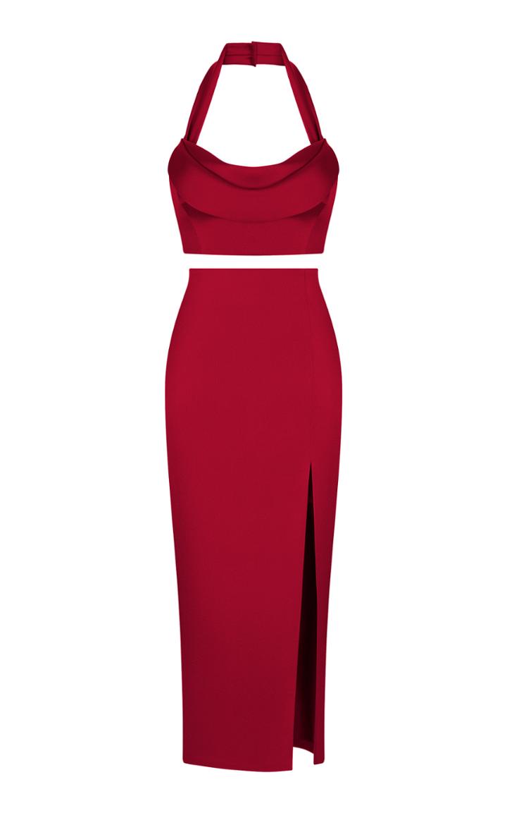 Moda Operandi Rasario Draped Satin Top With Wide Straps And Satin Midi Skirt