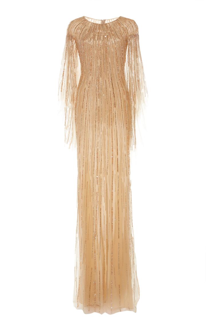 Pamella Roland Linear Crystal Embroidered Caped Gown