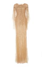 Pamella Roland Linear Crystal Embroidered Caped Gown