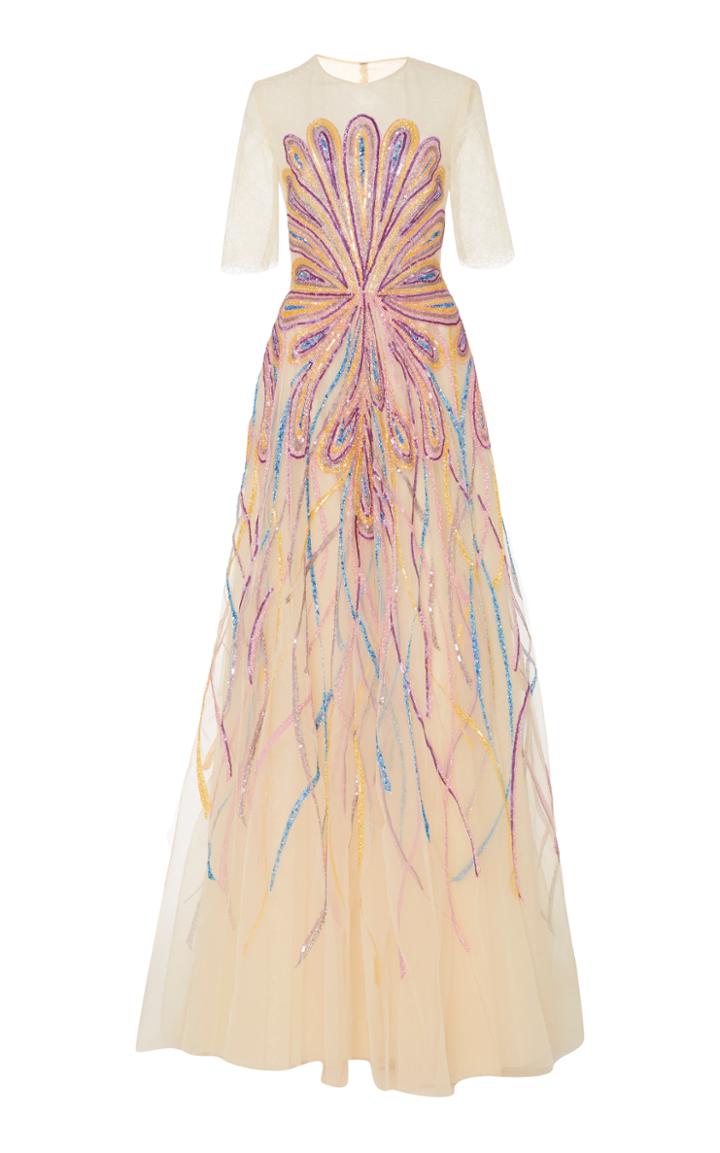 Georges Hobeika Short Sleeve Bead Embroidered Gown