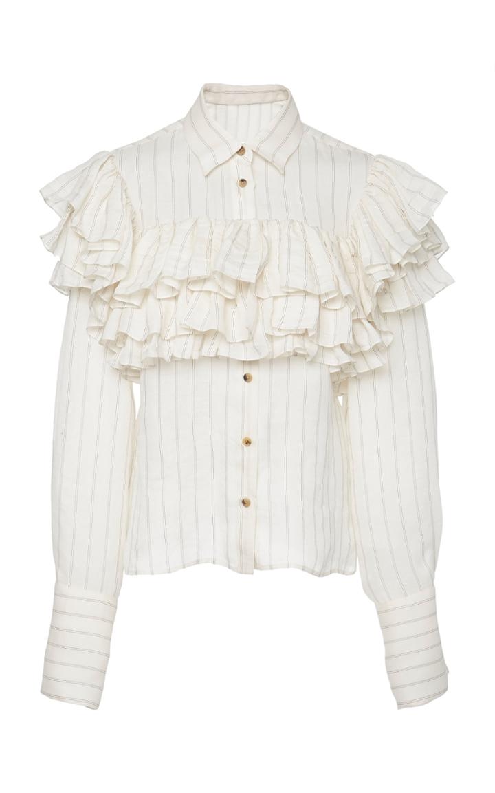 Khaite Preston Ruffled Pinstripe Silk-blend Top