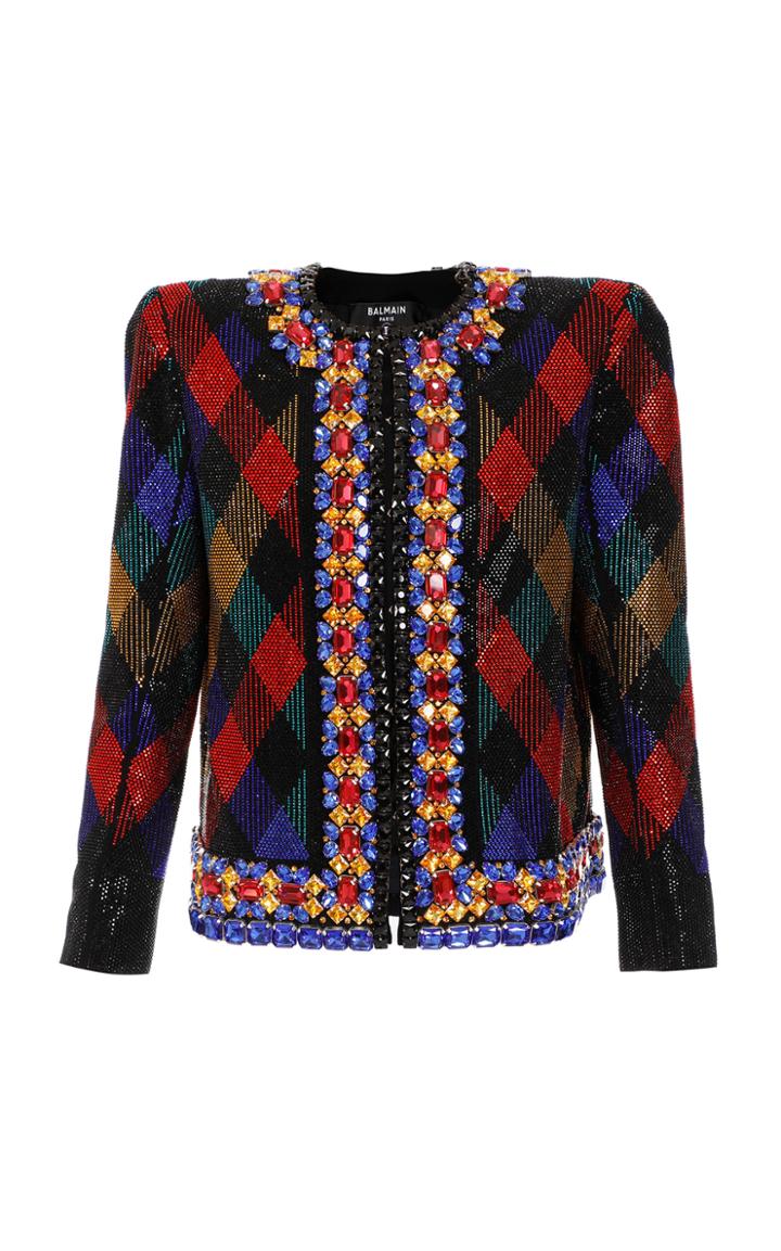 Moda Operandi Balmain Crystal-embellished Checked Jacquard-knit Jacket