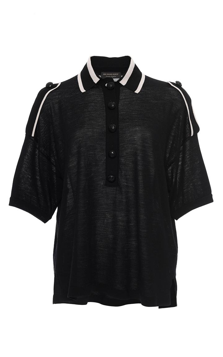 Burberry Black And White Merino Wool Epaulette Polo
