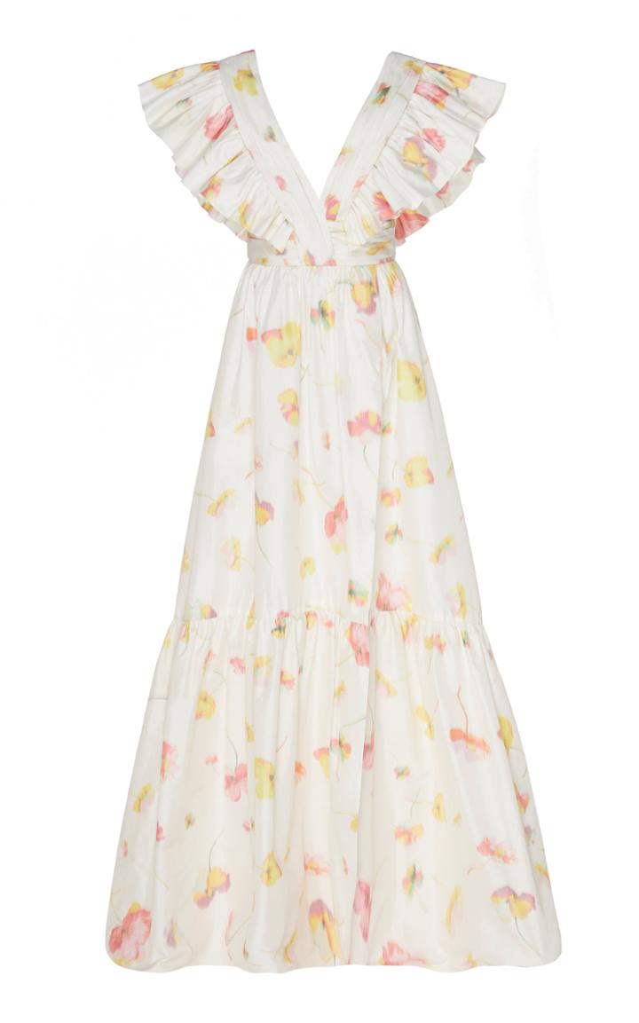 Monique Lhuillier Floral Taffeta Fluttered V-neck Gown