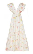 Monique Lhuillier Floral Taffeta Fluttered V-neck Gown