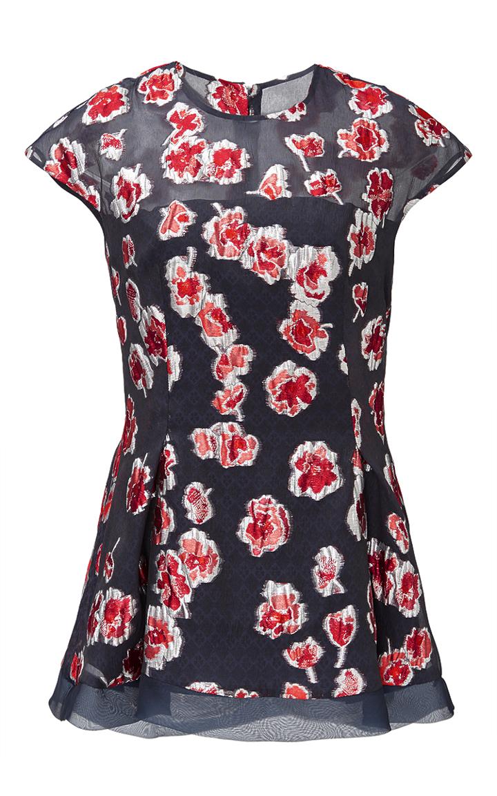 Lela Rose Cranberry Floral Fil Coup Peplum Top