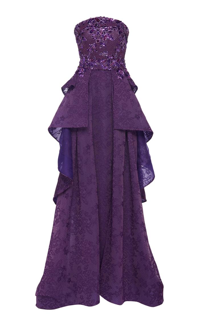 Pamella Roland Sequined Strapless Lace Gown