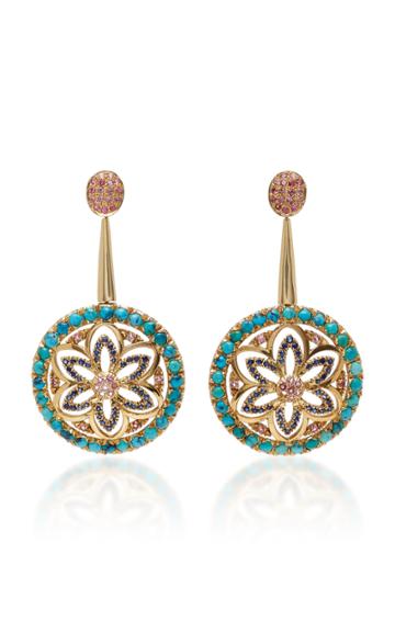 Madhuri Parson Floral Turquoise Tourmaline And Sapphires Chandelier Earrings