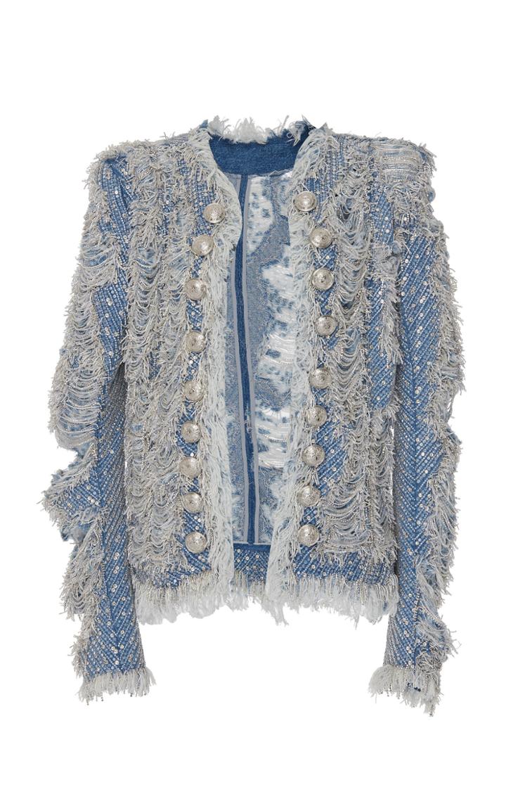 Balmain Collarless Embroidered Denim Jacket