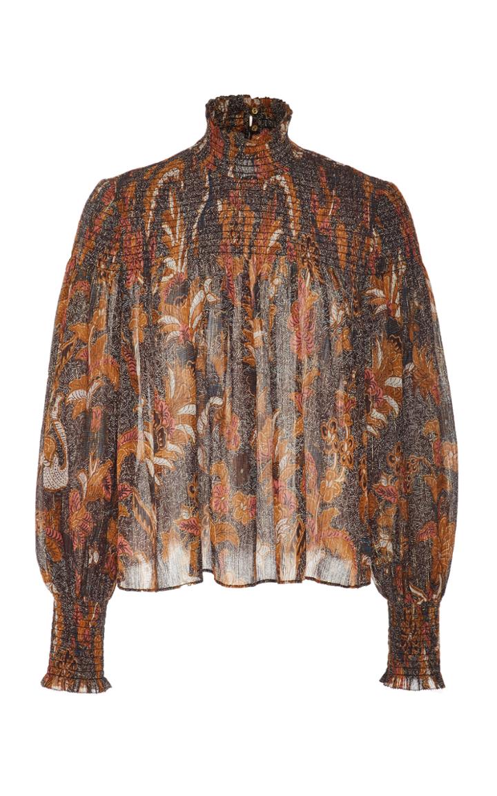 Ulla Johnson Dune Metallic Smocked Cotton-silk Blend Top