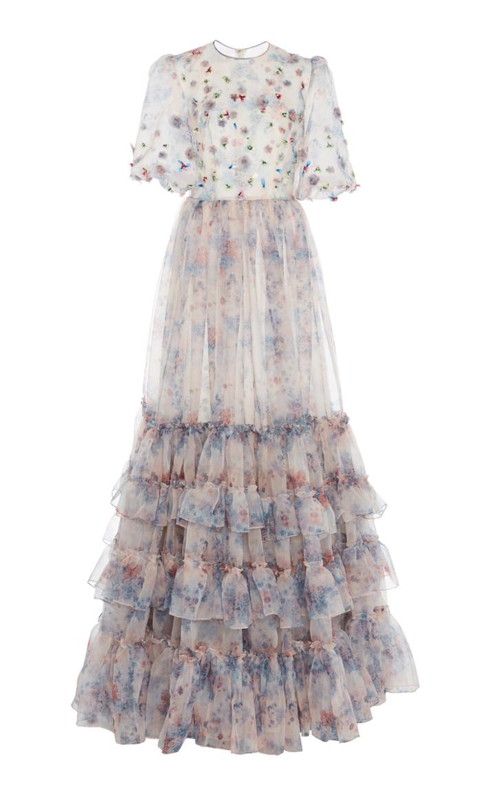 Costarellos Ruffled Printed Organza Gown