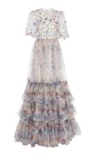 Costarellos Ruffled Printed Organza Gown