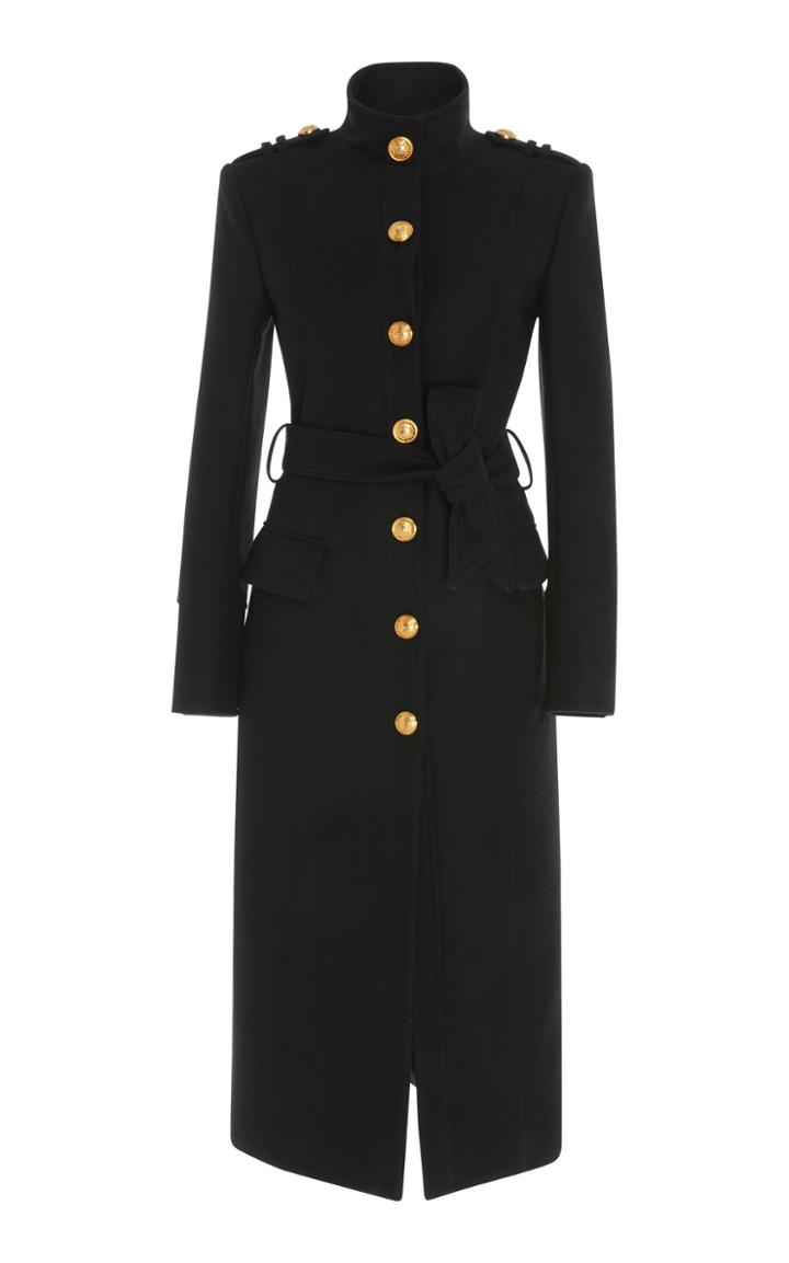 Balmain Belted Mock Neck Wool Coat
