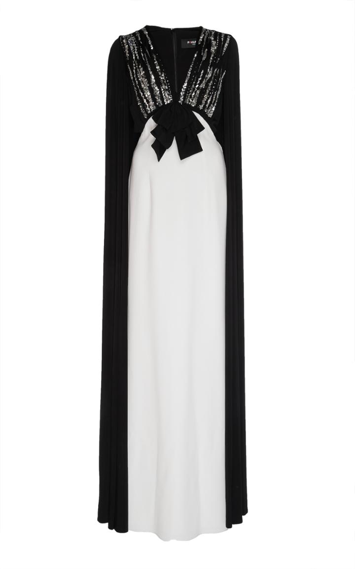 Paule Ka V Neck Gown With Sequin Bodice And Cape