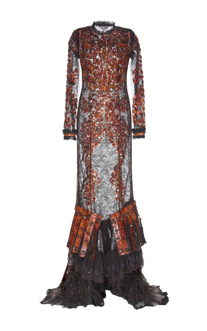 Roberto Cavalli Embroidered Feather Hem Gown