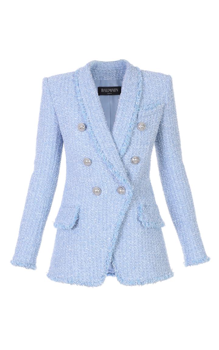 Balmain Double-breasted Frayed Tweed Blazer
