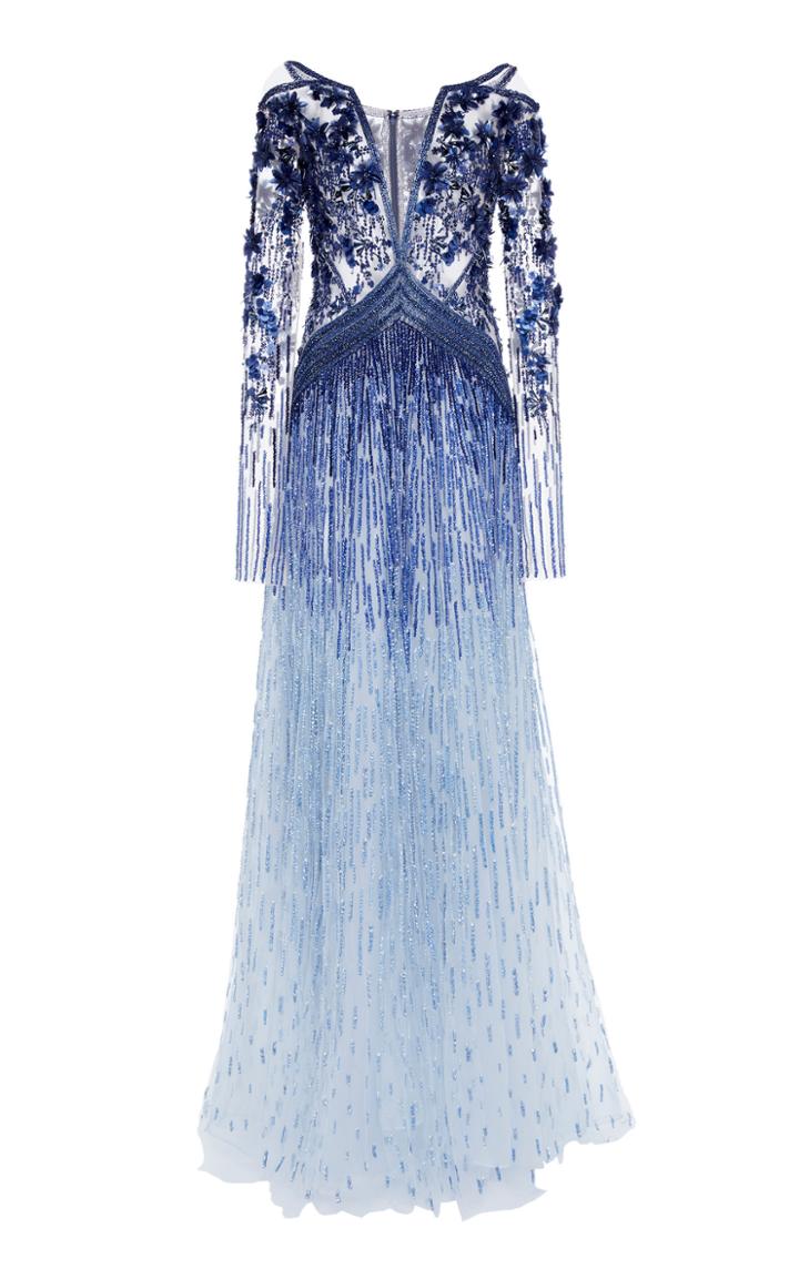 Pamella Roland Long Sleeve Sequin And Crystal Gown