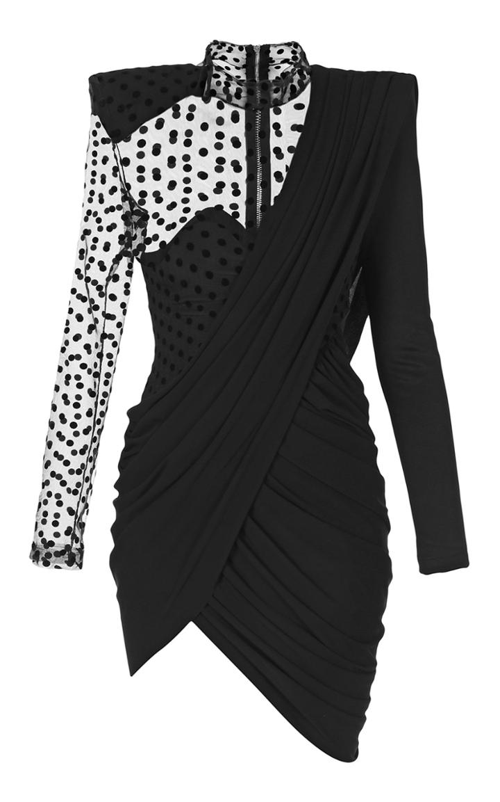Balmain Asymmetric Draped Swiss-dot Mini Dress