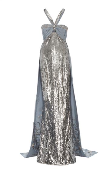 Elizabeth Kennedy Empire Waist Gown With Cape And Embroidery Detail