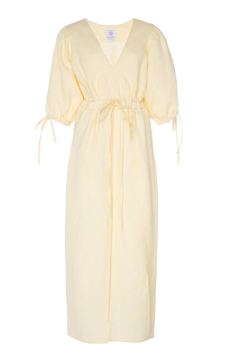 Moda Operandi Gl Hrgel Gathered-waist Linen Midi Dress Size: Xs