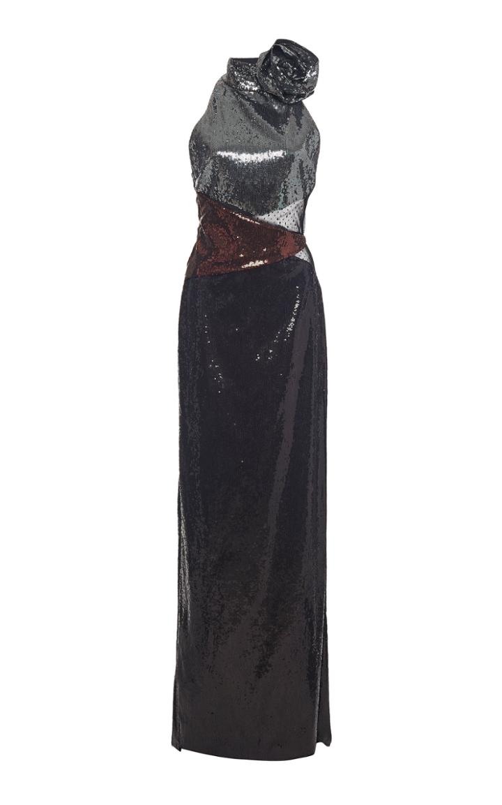 Dundas Sequined Slit Halter Crepe De Chine Gown