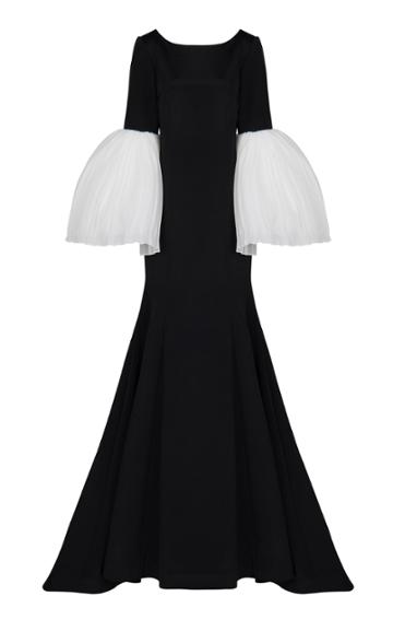 Bazza Alzouman Sage Pleated Tulle Sleeve Gown