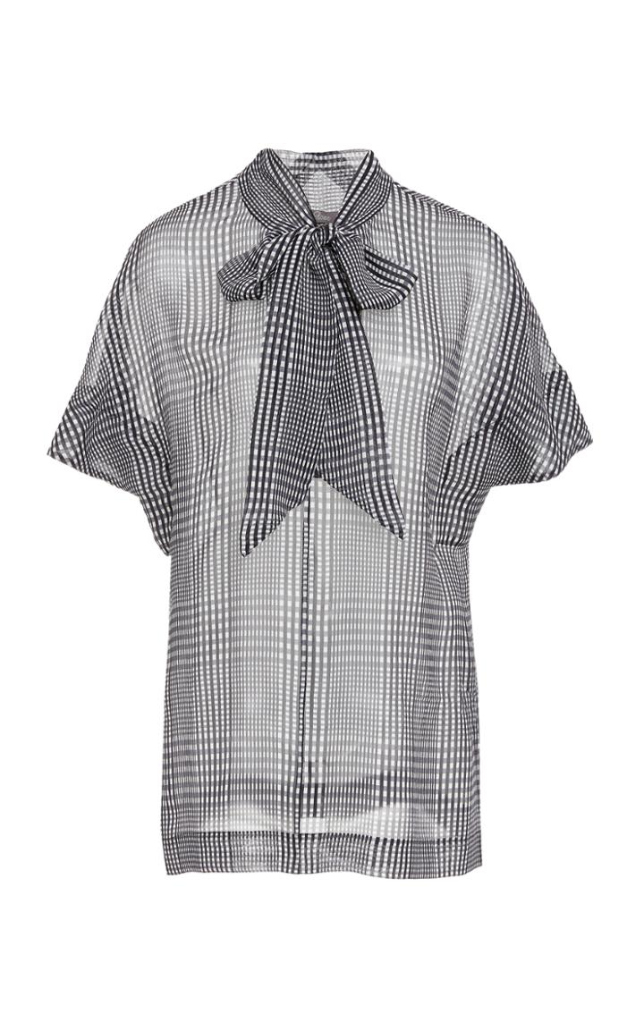 Lela Rose Pussy-bow Gingham Silk-chiffon Blouse