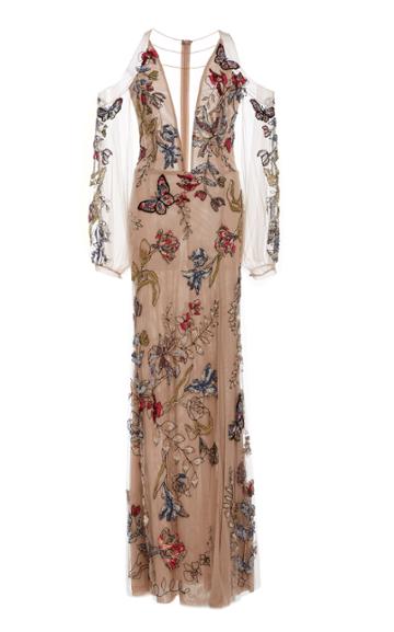 Patbo Patricia Bonaldi Fully Floral And Butterfly Beaded Gown With Cold Shoulders