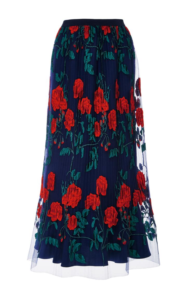 Adam Selman Topiary Embroidered Pleated Overlay Skirt