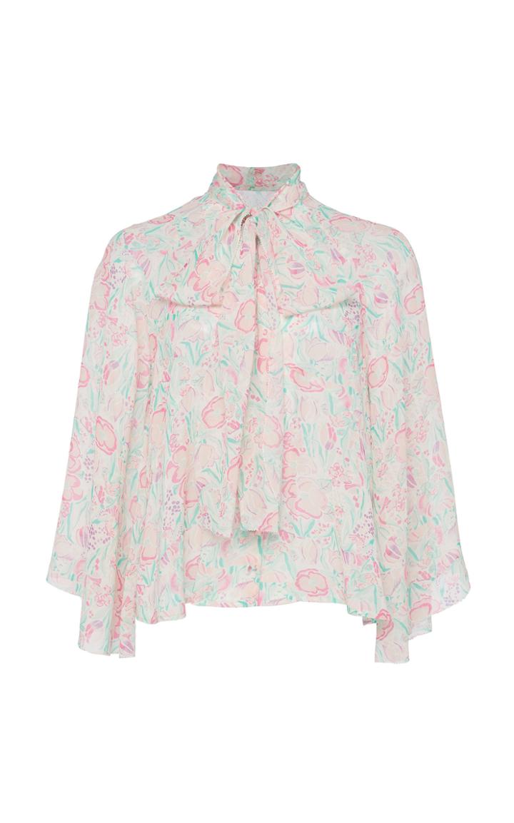 Rixo Kim Silk Long Sleeve Top With Neck Tie And Buttons