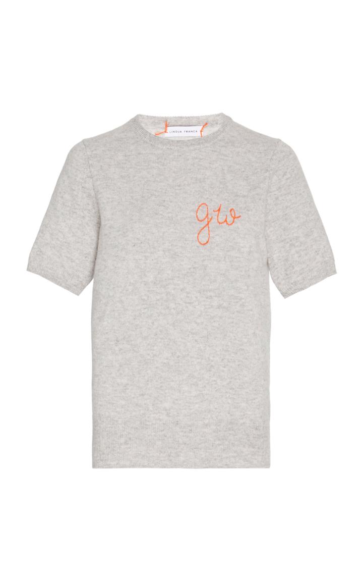 Moda Operandi Lingua Franca Monogrammed Short-sleeve Cashmere Crew Sweater With Pop