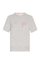 Moda Operandi Lingua Franca Monogrammed Short-sleeve Cashmere Crew Sweater With Pop