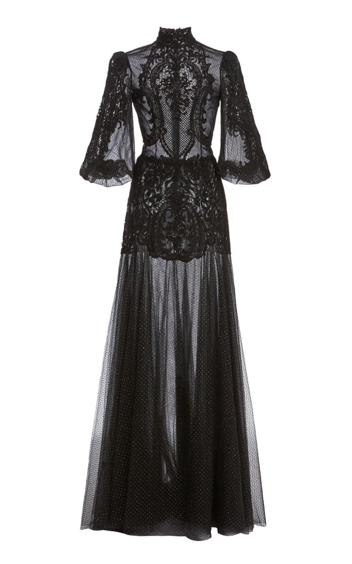 Moda Operandi Costarellos Avellana Lace-detailed Glittered Tulle Puff-sleeve Gown
