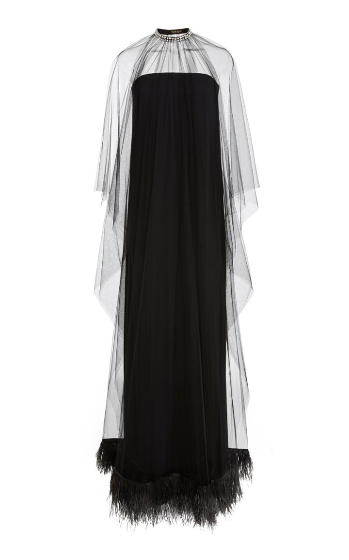 Reem Acra Embellished Strapless Feather Gown