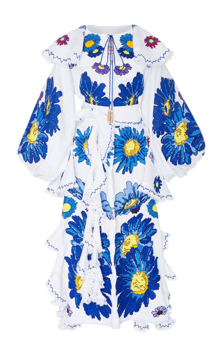Yuliya Magdych Loves Me Loves Me Not Embroidered Linen Midi Dress