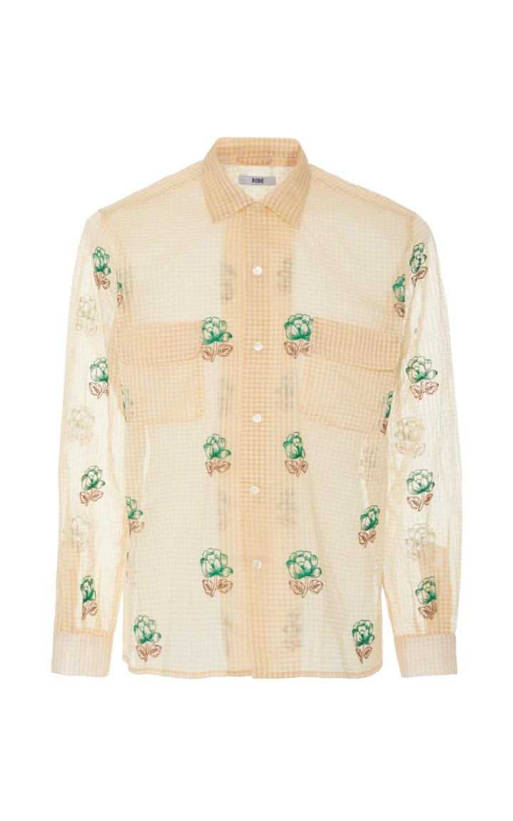 Bode Sheer Evergreen Flower Shirt