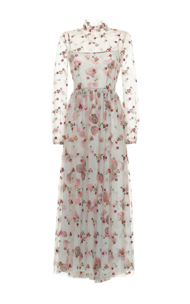 Luisa Beccaria Tulle Floral Embroidered Maxi Dress