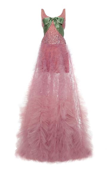 Reem Acra Ruffle Tulle Sequin Gown